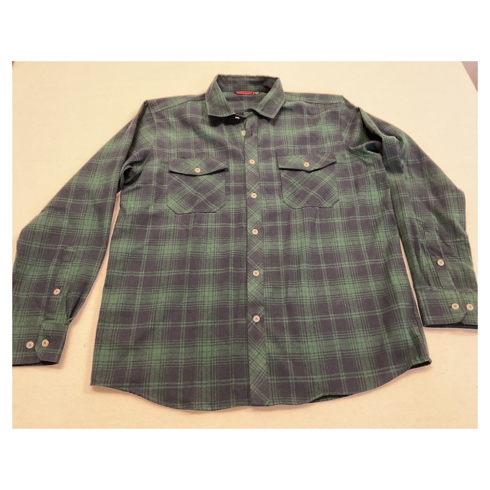 Design In Italy Luxury Mens Green Navy Blue Plaid Flannel Button Down Shirt L